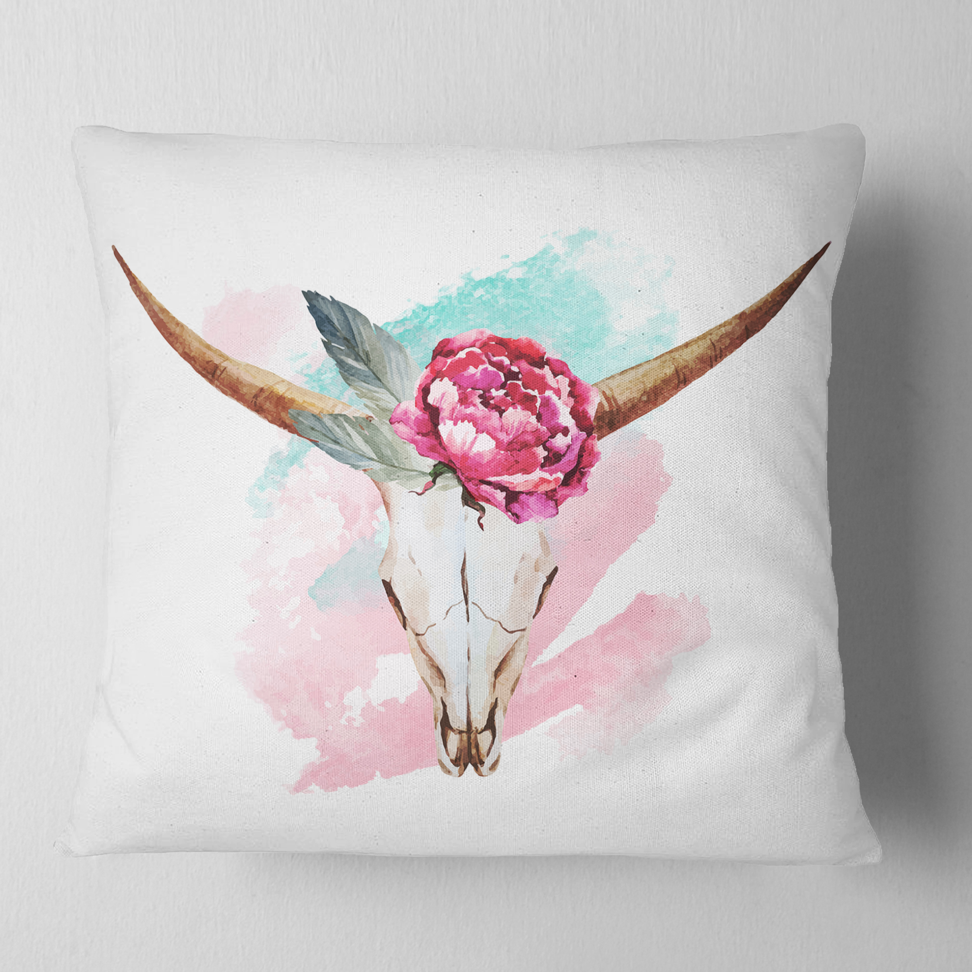 Designart Bull Skull and Flower - Floral Throw Pillow - 16x16