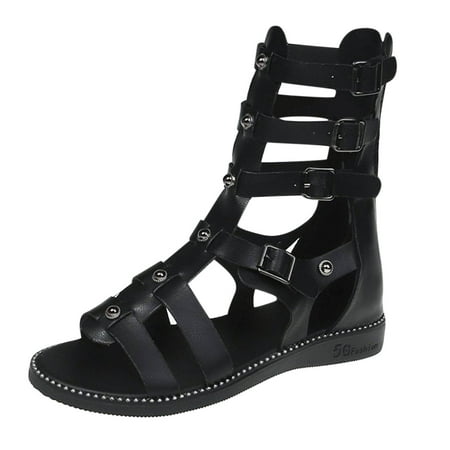 

YanHoo Gladiator Sandals for Women Open Toe Strappy Lace Up Flat Sandals Summer Roman Casual Beach Non-slip Shoes
