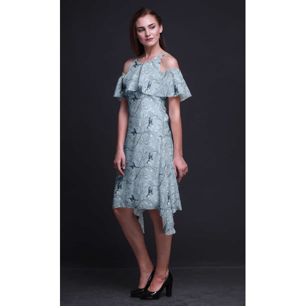knee length dresses for ladies Yumi Green Bird and Floral Print Ruched Waist Kimono Midi Dress main image 0