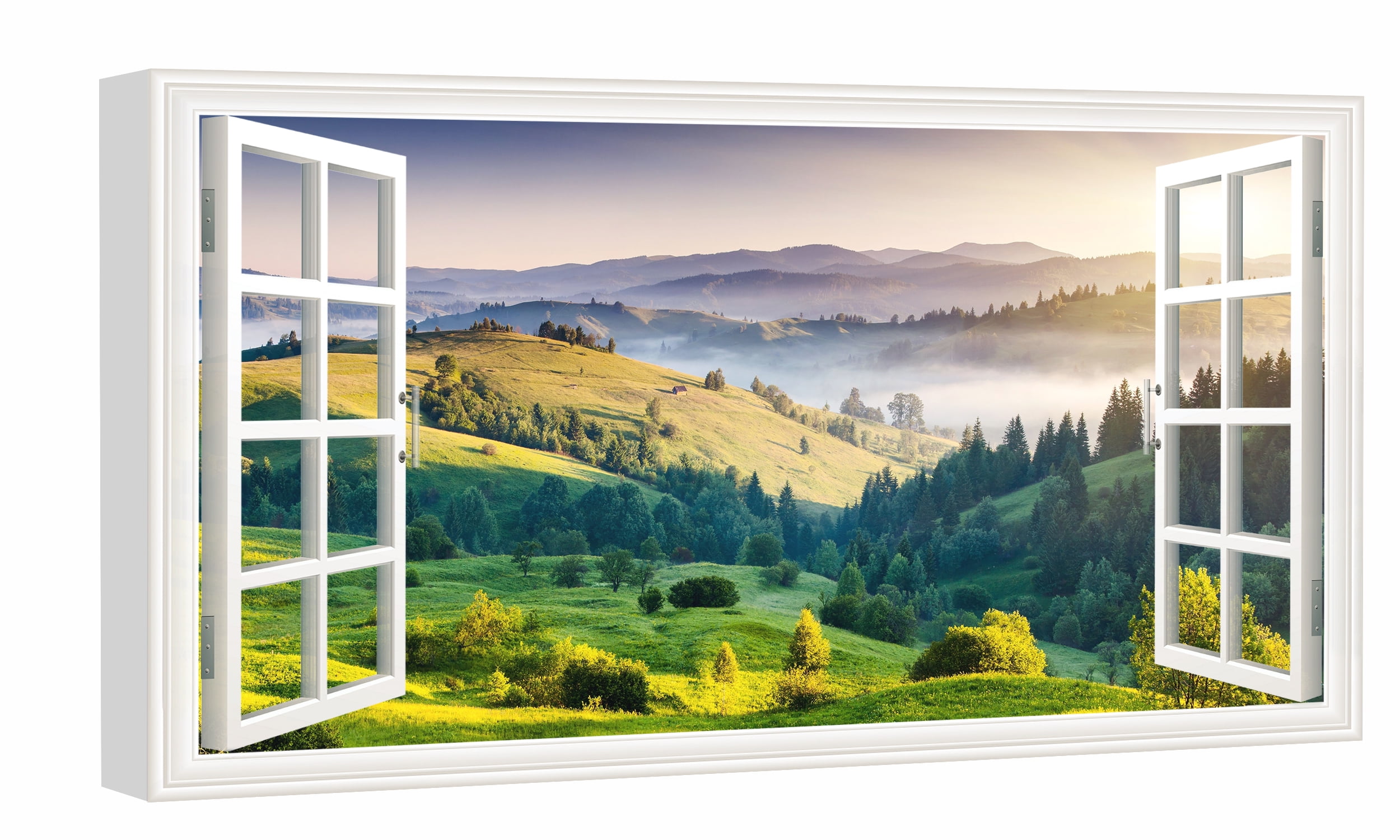 Window View of Green Hills Canvs Art Fake Open Window Wall Art Mountain
