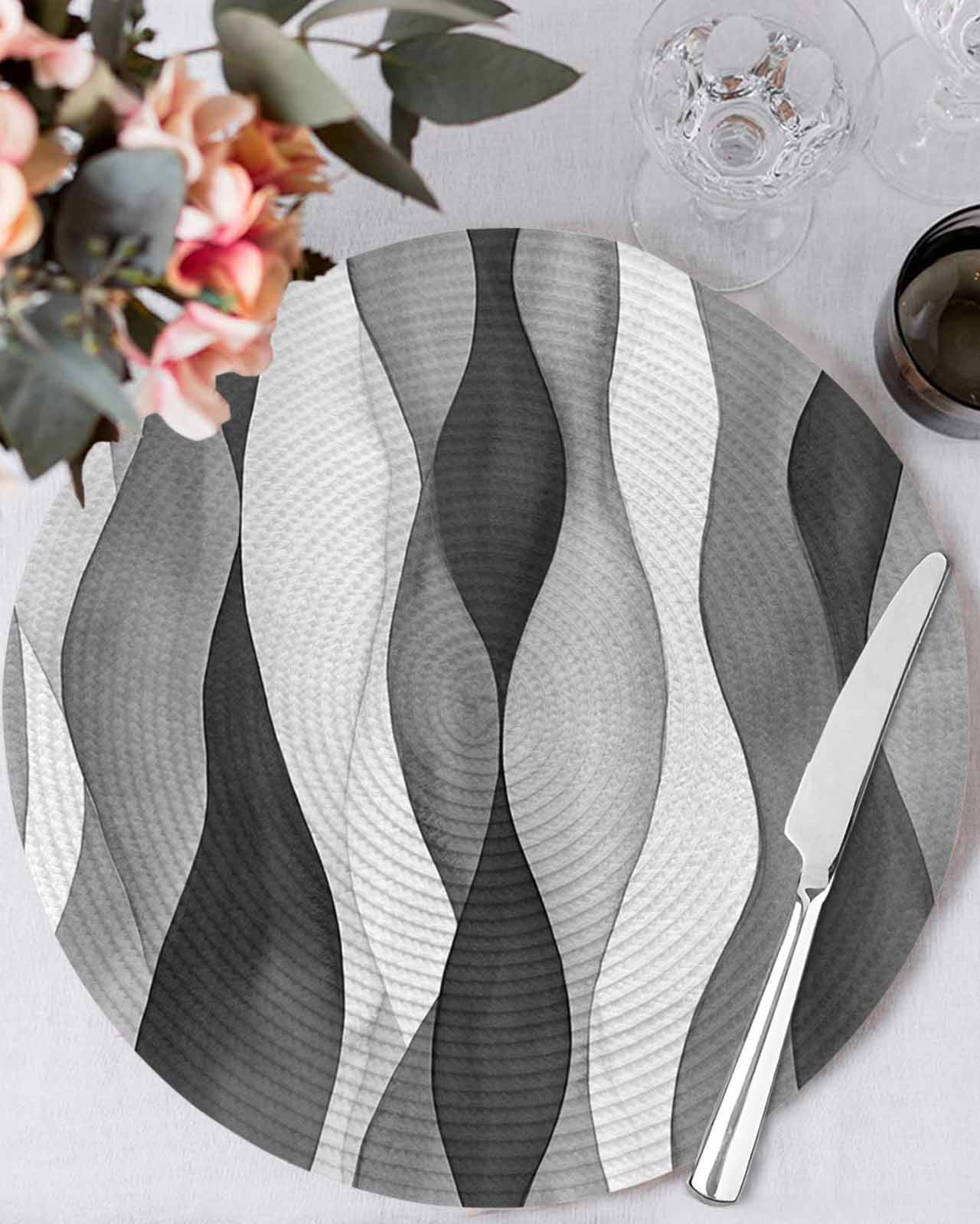Abstract Wave Pattern Texture Round Table Placemats set of 4, Black Gray White Washable Woven Place Mats for Dining Tables Kitchen Party Decor,Heat Proof, 13in,