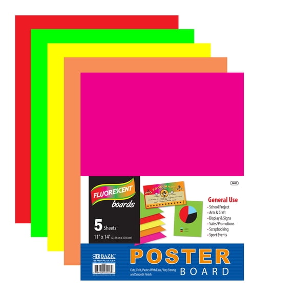 BAZIC Poster Board 11" X 14" Assorted Neon Poster Board (5/Pack), 1-Pack