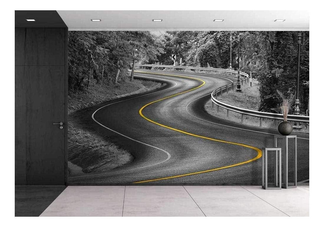 Wall26 Black and White Curve Way of Asphalt Road in Nature with Yellow
