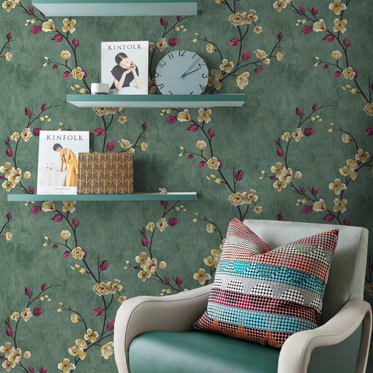 (4 pack) UMIGGEE Floral Peel and Stick Wallpaper Green Floral Contact Paper 17.7-in x 118-in Removable Wallpaper Self Adhesive Wallpaper Wall Paper for Home Decor Wall Covering Old Furniture Renovation