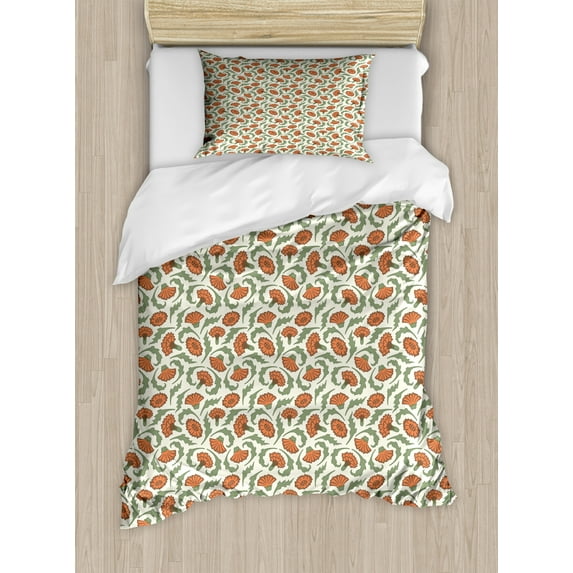 Floral Duvet Cover Set Twin Size, Pretty Carnation Flowers Curlicue Leaves Vintage Image, Decorative 2 Piece Bedding Set with 1 Pillow Sham, Burnt Sienna Umber Peacock Green Ivory, by Ambesonne