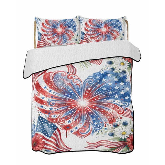 Full Size Quilt Bedding Set, Patriotic American Flag Reversible Summer Quilt 3 Pieces, Red Blue Fireworks Daisy Flowers Lightweight Bedspreads Coverlets with 2 Pillow Shams for All Seasons