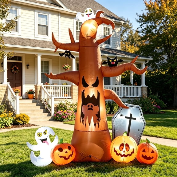 Coolmade 8 ft Halloween Inflatable Outdoor Dead Tree with Ghosts Pumpkins Tombstone Bat, Halloween Blow Up Yard Decorations Clearance with Build-in LED Lights for Holiday Party Lawn Yard Garden