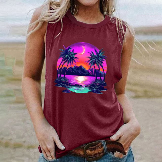 lSLJS Blouse Sans Manches Imprimée Mode Décontractée pour Femmes, Col Rond, Pull-Over Slim, Débardeurs pour Femmes