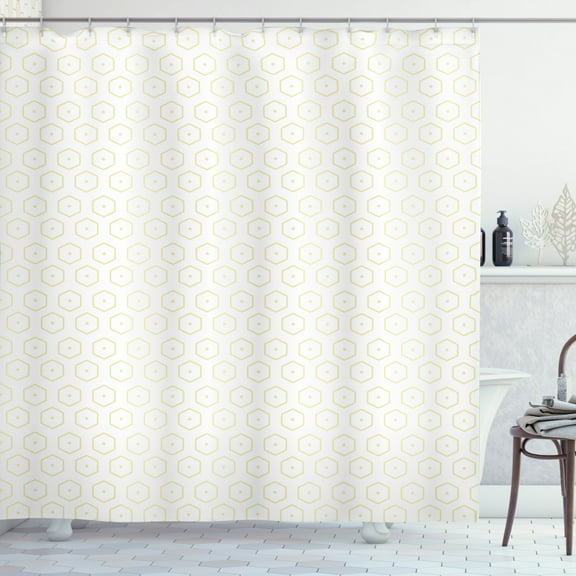 Abstract Shower Curtain, Rhythmic Minimalistic Arrangement of Hexagons Pattern on Plain Backdrop, Fabric Bathroom Set with Hooks, 69W X 70L Inches, White and Pale Yellow, by Ambesonne
