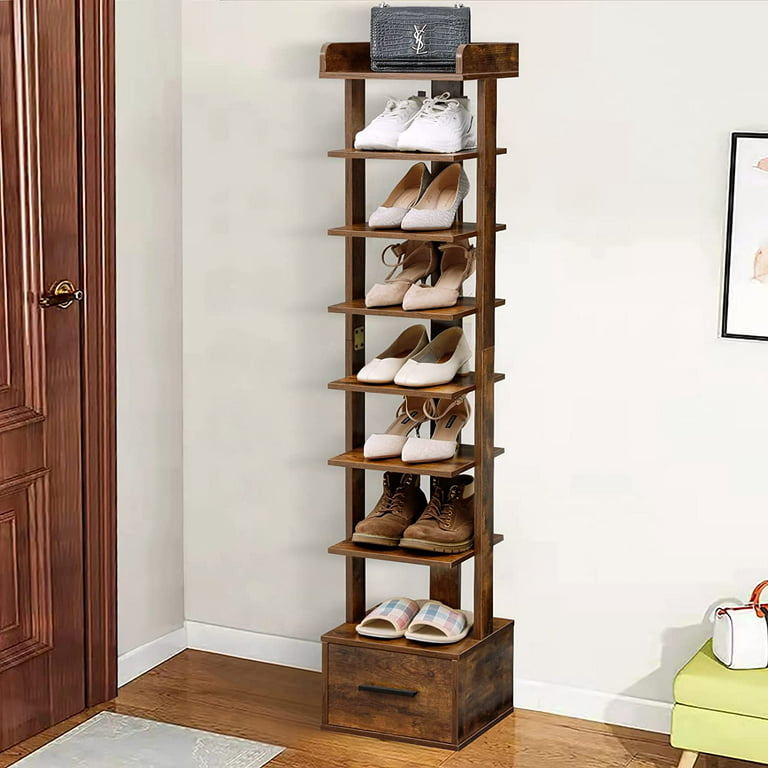 Yodudm 8 Tiers Vertical Shoe Rack, Wooden Narrow Shoe Tower with