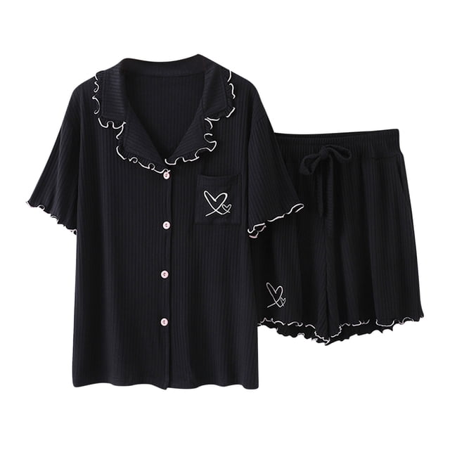 cfhntfmh Womens Pajama Sets Button down Short Sleeve Shirts and Drawstring Waisted Shorts Sleeping Loungewear Sets M-L