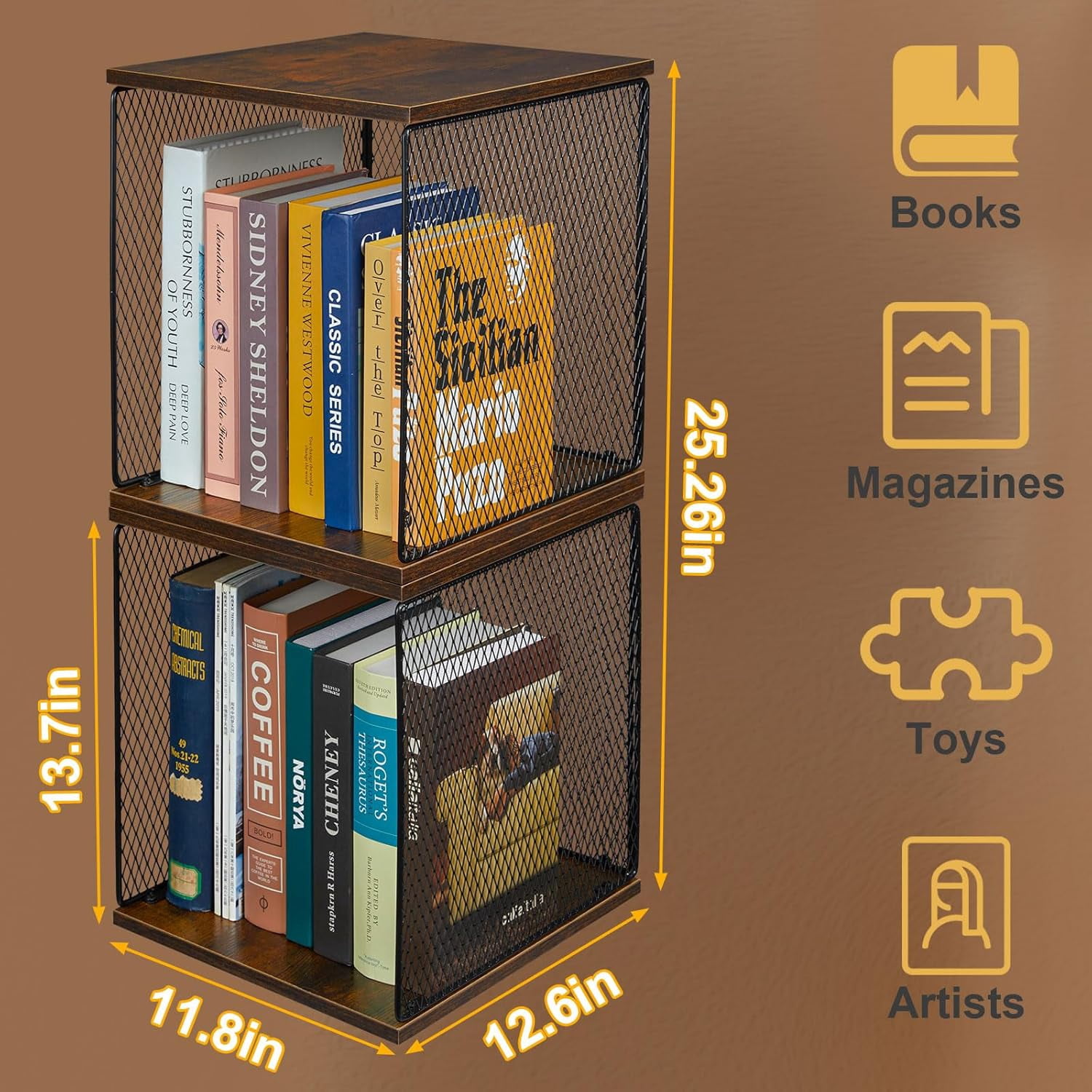 2 Cube Organizer Bookshelves DIY Variable Stackable Cube Storage Organizer for Kid Bedroom,Living Room,Small Bookshelf Black Brown Wooden,No Vinyl Storage