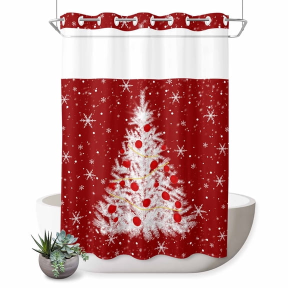 No Hook Shower Curtain with Built-in Rings - Red White Christmas Tree Washable Waterproof Fabric Bathroom Curtains for Hotel,Rentals, 72X 96 Inch Extra Long , Winter Pine Tree Snowflake