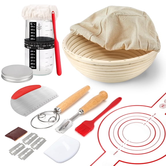 QKURT Sourdough Starter Kit, Banneton Bread Proofing Basket Sourdough Bread Baking Supplies with Sourdough Jar, 9'' Round Bread Proofing Basket Sourdough Starter Kit for Bread Making Baking