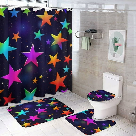 Colorful Star Pattern Shower Curtain Waterproof Bathroom Curtain Set with Hooks Home Decor Bathroom Curtains 4pcs