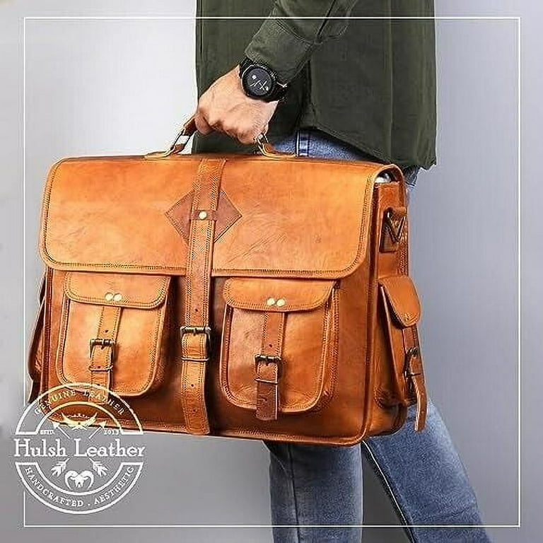 Hulsh 18 inch Vintage Handmade Tan Leather Messenger Bag for