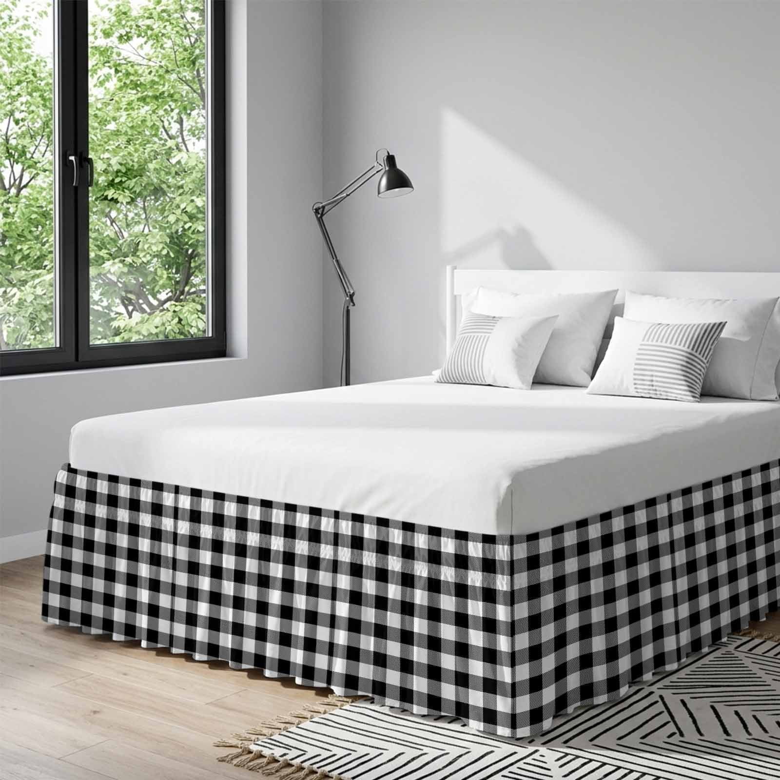 Bed Skirt Black Check Plaid Adjustable Elastic Wrap-Around Dust Ruffle with Black White Farmhouse Style 16 Inch Drop, Bed Frame Cover for Queen Size Bed