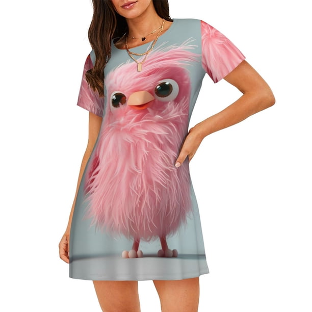 Balery Adorable Pink Fluffy Birds Camisón de manga corta con cuello redondo para mujer, cómodo y elegante.