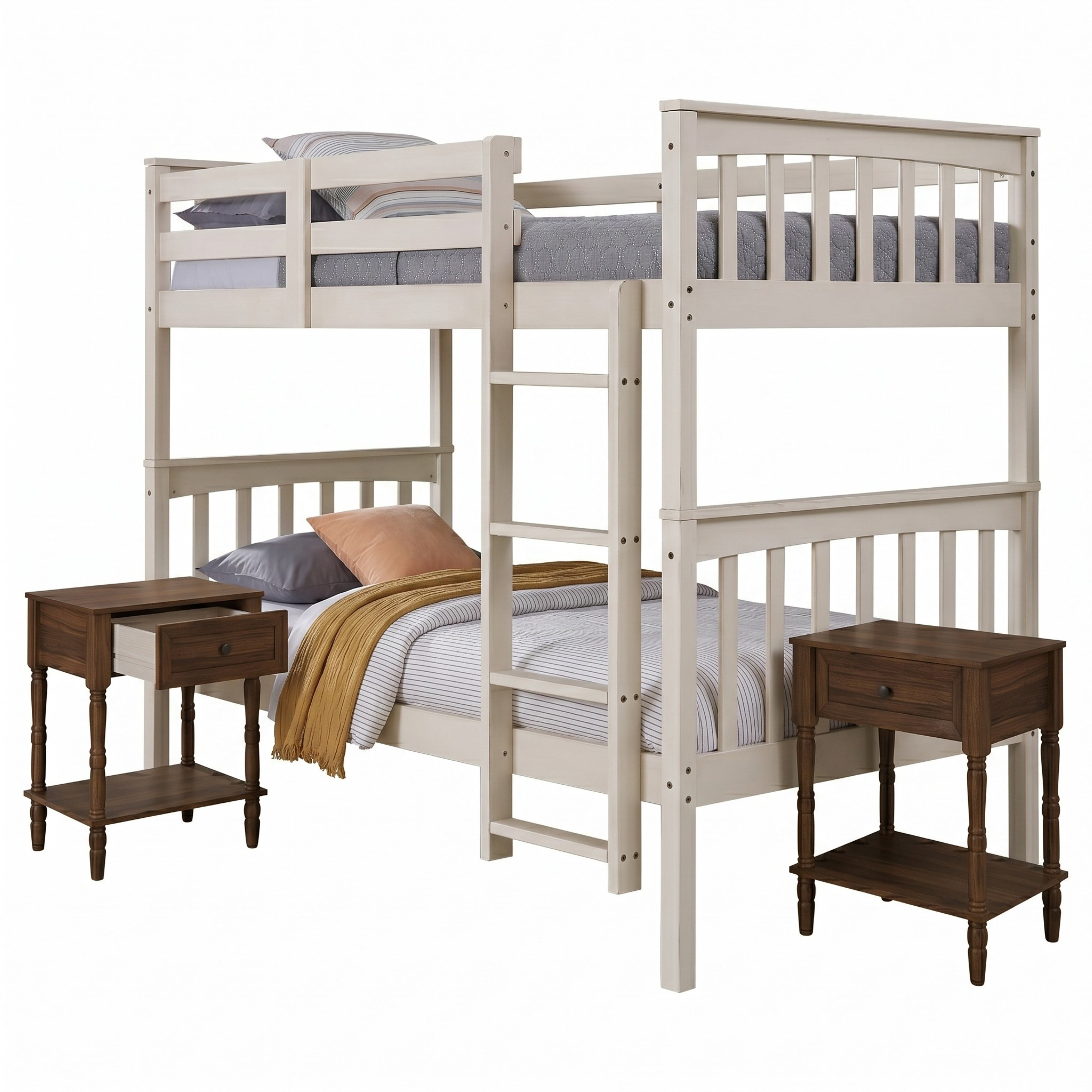 Home Design Ames Twin Over Twin Solid Wood Bunk Bed with 2 Ruston Nightstand – 3-Piece Space-Saving Bedroom Set, Antique White/ Brown
