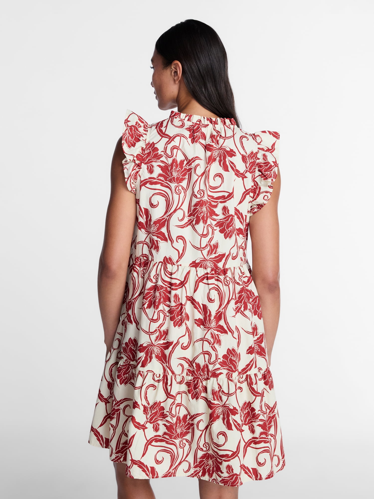 Time and Tru Women's and Women's Plus Tiered Cotton Mini Dress with Flutter Sleeves, Sizes XS-4X