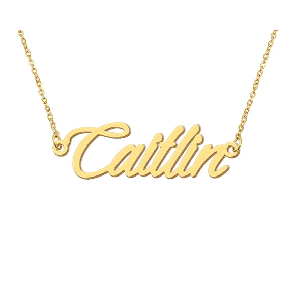 HUAN XUN 18k Gold Plated Caitlin Name Necklace Stainless Steel Nameplate Necklaces for Womens Mens Mother Day Christmas Jewelry Gift