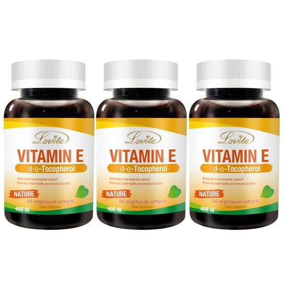 Lovita Vitamin E 400 IU, Natural Vitamin E (as D Alpha Tocopherol), Healthy Skin, Hair, Nails, Immune System Support, Vegan-Friendly, 60 Vegetarian Softgels (Pack of 3)
