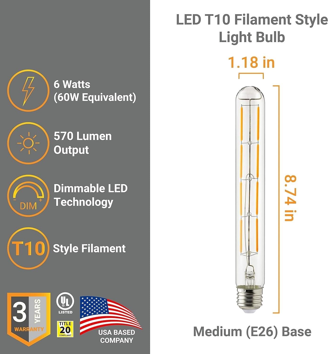 Diodesy- Pack of 5 T10/LED/FS/6W/922 T10 LED Dimmable Tubular Light Bulbs, 6 Watts (60W Equivalent), 2200K Amber Light, Edison Style Filament Bulb, E26 Clear Glass for Rustic Pendant, Wall Sconces, UL