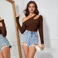 thumbnail image 4 of Camiseta de Mujer con Cuello Asimétrico, Hombros Descubiertos, Larga, Acanalada, Ajustada, para Salir, con un Solo Hombro Marrón Oscuro XL, 4 of 10