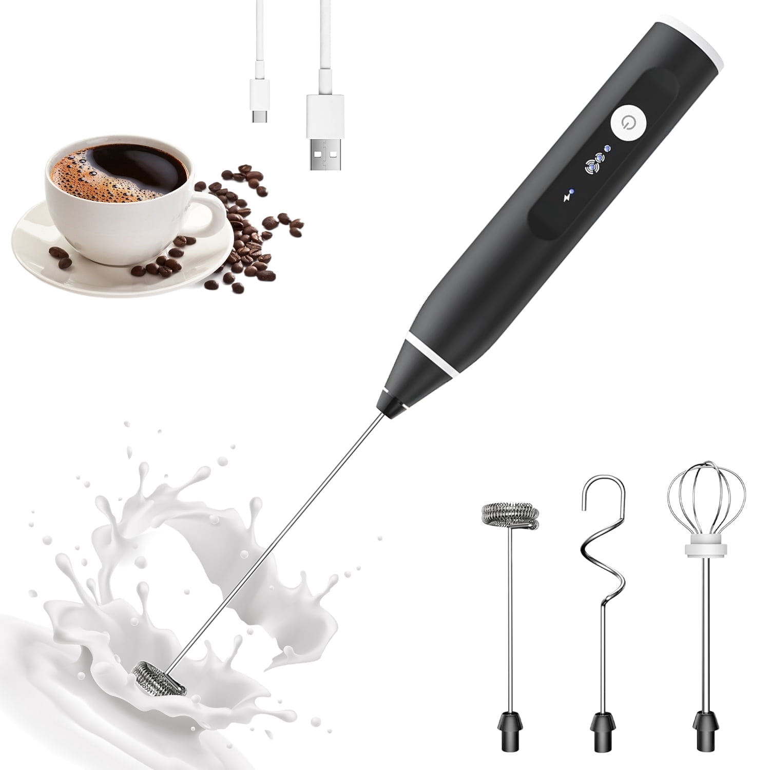 Chefwave Handheld Milk Frother Black, Compact Egg Whisk for Lattes