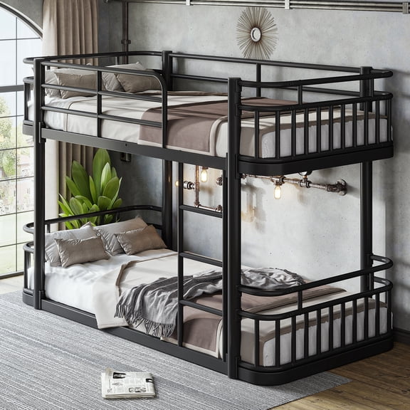Leumius Twin XL over Twin XL Bunk Bed Frame with Ladders & Guardrails, Upgraded Round-Pipe Metal Frame, Stylish & Versatile for Any Room,Black