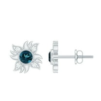 Rosec Jewels London Blue Topaz Sunburst Stud Earrings for Mom with Diamond (AAA Grade), 925 Sterling Silver