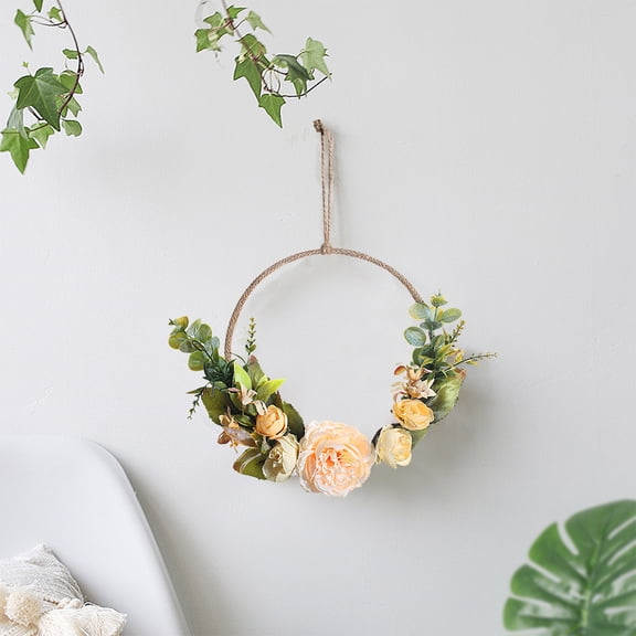 Menrkoo Artificial Rose Wreath - Uv-Resistant Silk Flowers Door Hanger With Waterproof Foliage | Wedding & Home Wall Decor For Indoor/Outdoor Beige 13.77X7.87X0.78In