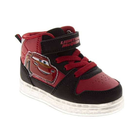 Disney Pixar Cars Lightning Mcqueen High Top Sneakers Boys, Race Car Design Lace Up Velcro (Toddler Little Kid), Red Black, Size: 9