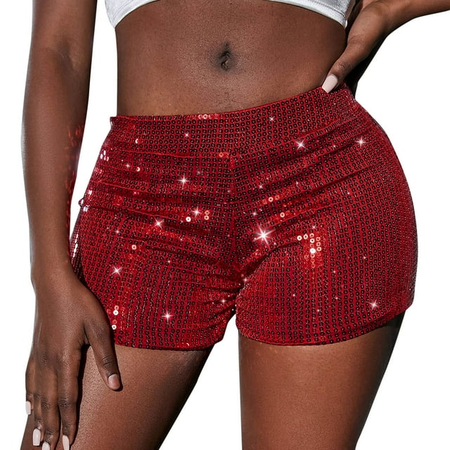 Pantalones cortos de lentejuelas de cintura alta para mujer: pantalones elásticos con cordón para fiestas y uso informal