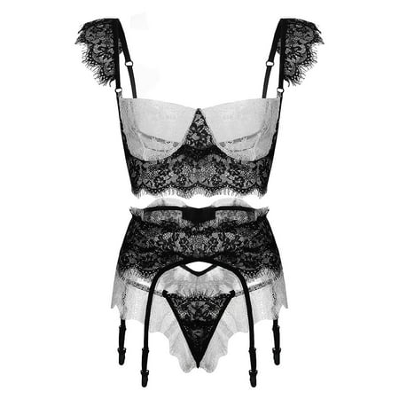 

Hesxuno Lingerie for Women Set New Women Splice Lace Lingerie Set Wireless Bra with Garter Belt Thong Underwear
