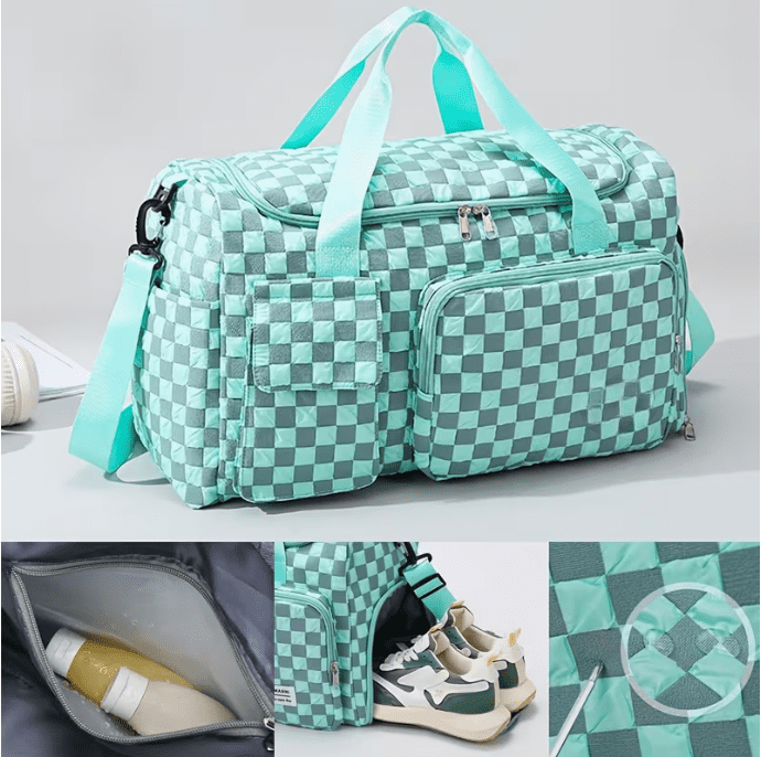 2pcs Checkered Travel Duffel Bag with Makeup Bag for Women Foldable Gym Bag Carry On Weekender Bag with Shoe Compartment,Detachable Straps For Travel, Business And Fitness