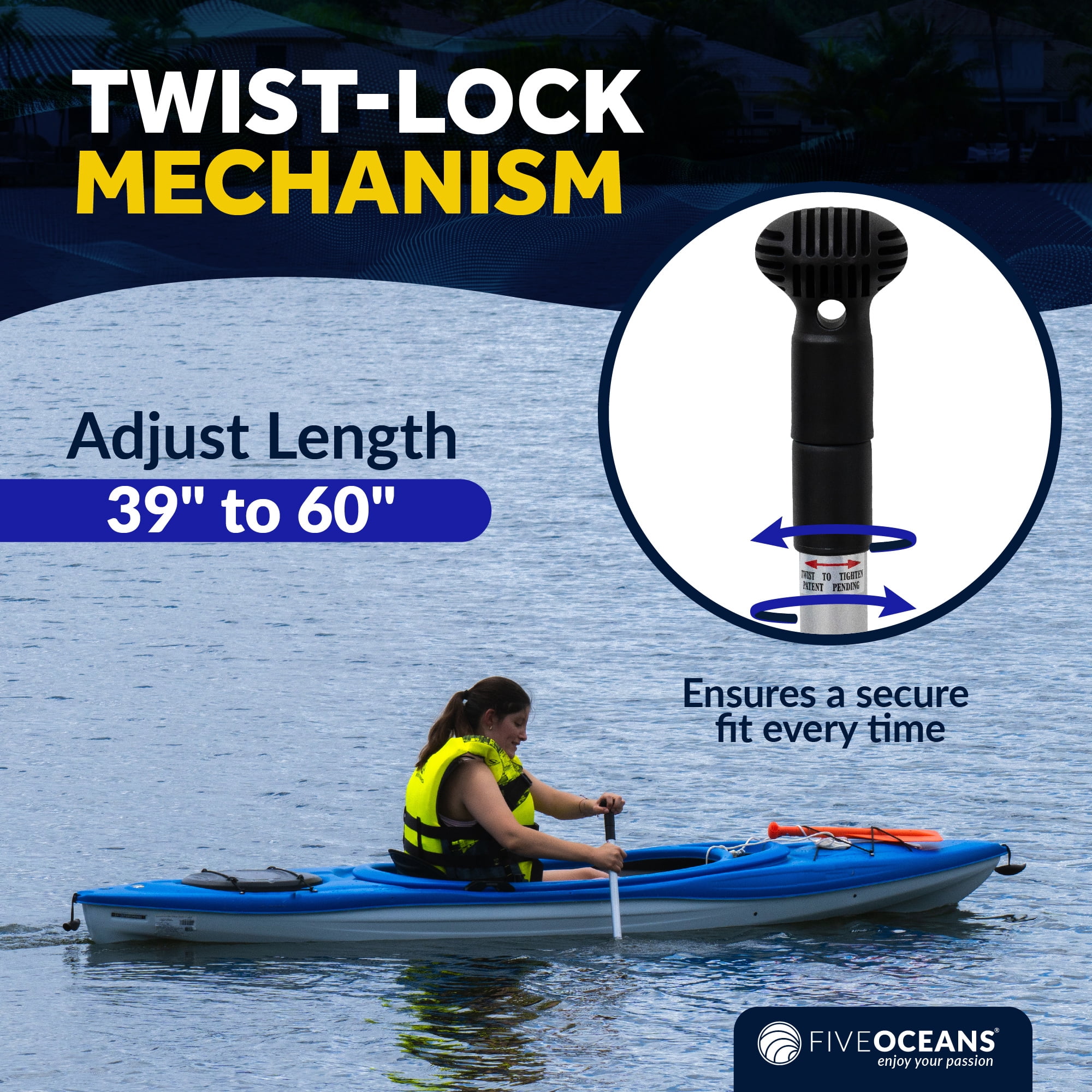 Five Oceans Canoe Paddle - Boat Paddle Collapsible Paddle, Canoe Oars Extends from 39-Inch to 60-Inch - Aluminum Shaft, Round Grip  FO4720