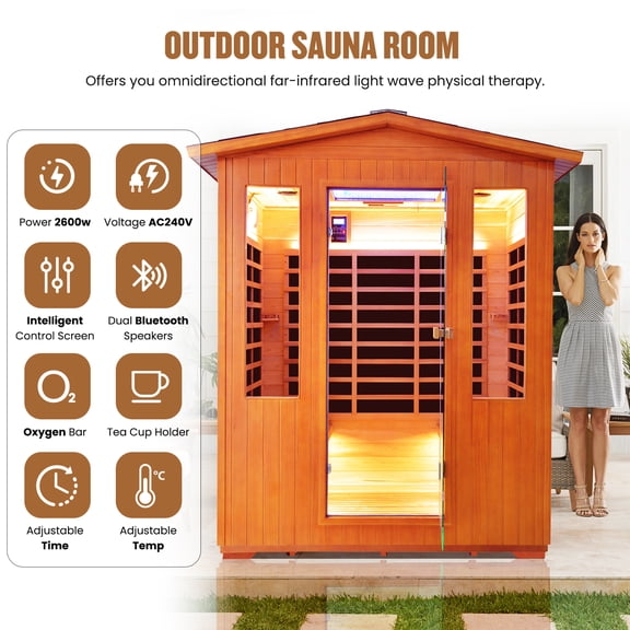 OUTEXER Outdoor Saunas 4 Person Far Infrared Sauna with Abyss Light, Low EMF Dry Sauna Room with Cup Holder and Oxygen Bar, 2600W Red Cedar Four Person Sauna for Backyard Garden