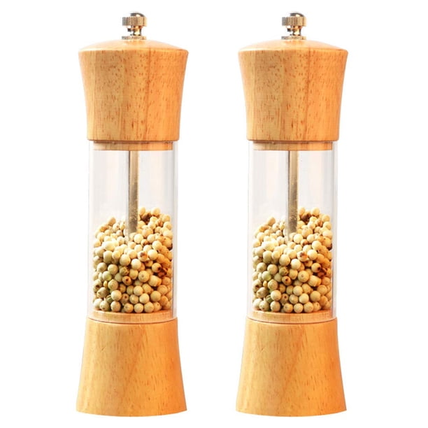 Juego de molinillo de sal y pimienta, molinillo de pimienta de madera 6,5 y molinillo de sal con rotor de cerámica de grosor ajustable, salero y pimentero con ventana visible de acrílico, paquete de 2