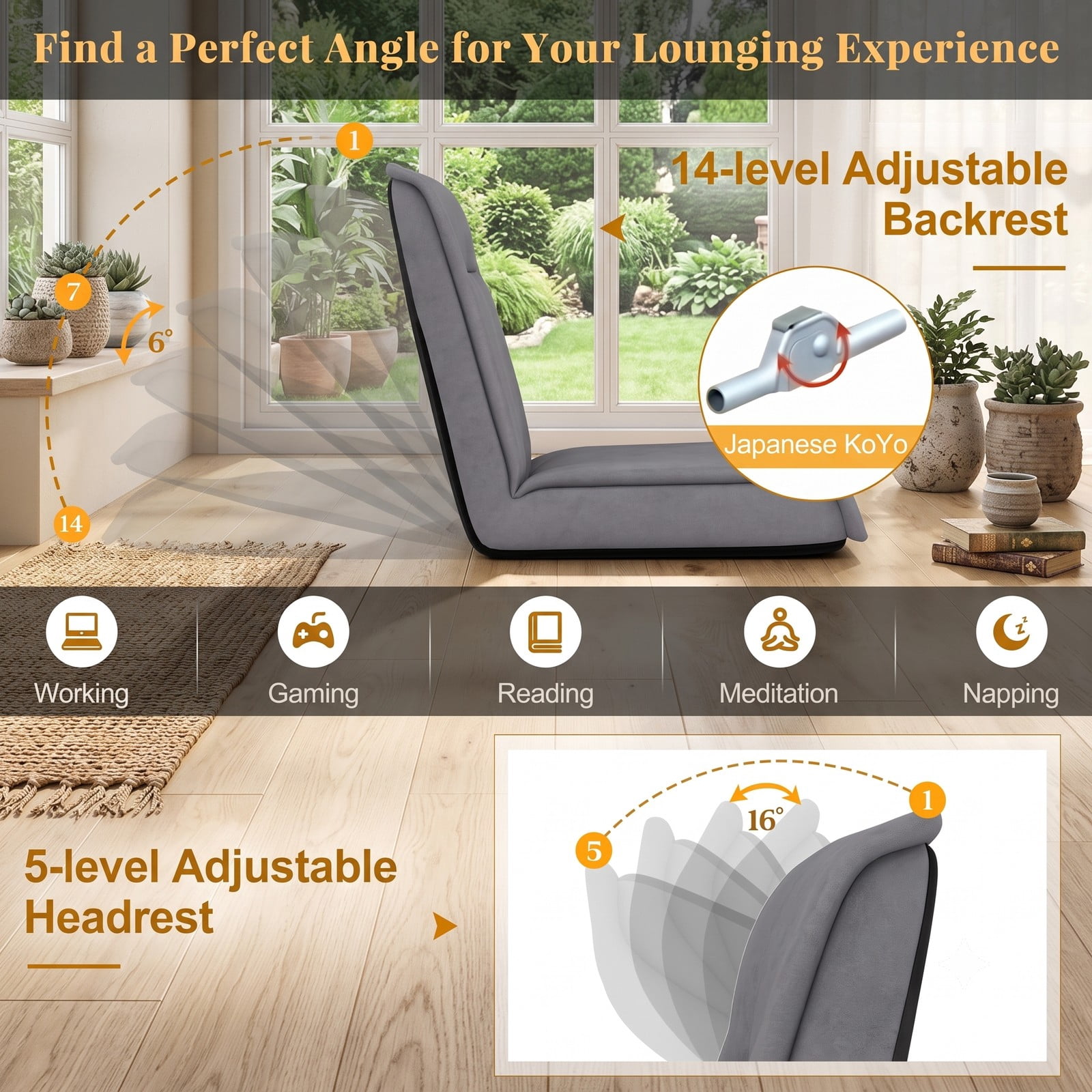 Furnibear Folding Floor Chair, Convertible Lazy Sofa Chaise Lounge with 14-Position Adjustable Backrest & 5-Level Headrest, Padded Metal Frame Sleeper Recliner, Gray