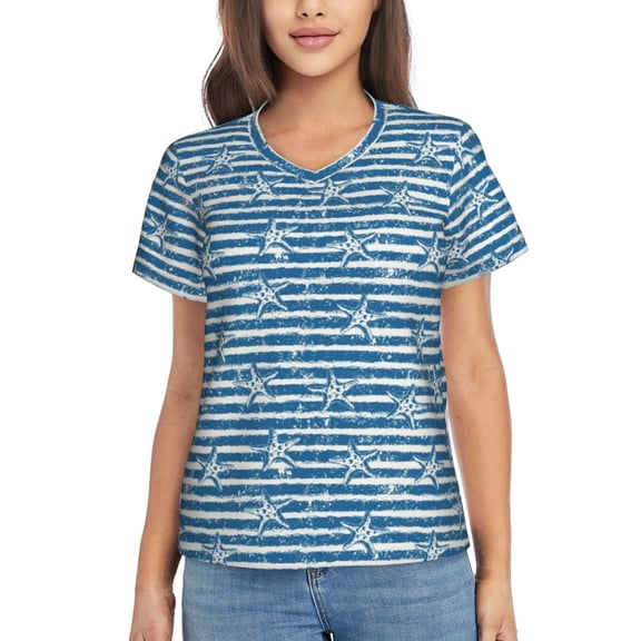 Vsdgher Ocean on Striped Women Shirts V Neck Short Sleeve Tops T-Shirt Basic Tees, S to 3XLSmall
