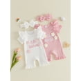 thumbnail image 3 of BemeyourBBs Newborn Baby Girls Little Sister Outfit Waffle Knit Ruffle Romper Little Sis Letter Embroidery 3D Floral Short Sleeve Infant Bodysuit Jumpsuit Headband Cute Baby Girl Summer Clothes, 3 of 9
