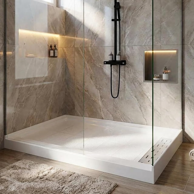 YUSAZENS Non-Slip Single Threshold Shower Base 48x32x4 Inch with Right Drain Stainless Steel Cover Drain Assembly Acrylic Shower Pan Kit for Shower Enclosure White
