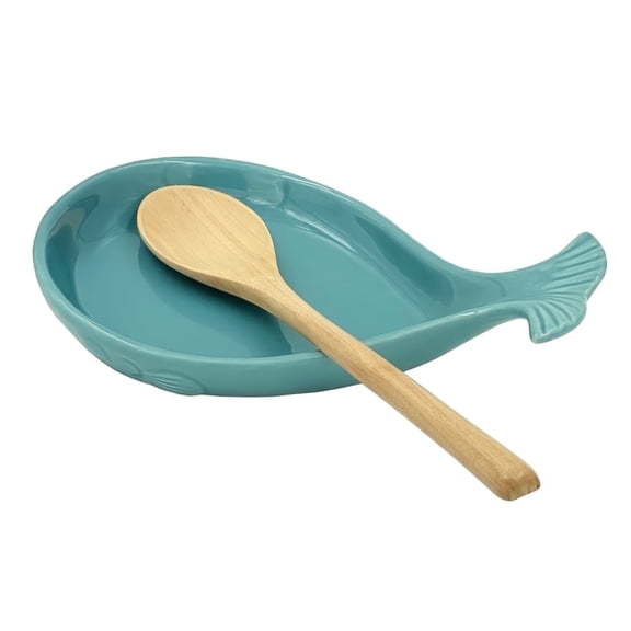 Ceramic Spoon Rest for Kitchen with Wooden Spoon, Whale Shape, 4.8W X 7.8L Aqua