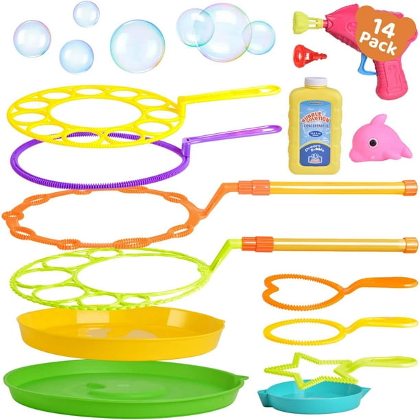 Fun Little Toys 14Pcs Big Bubble Wands Set with 17oz Bubble Solution