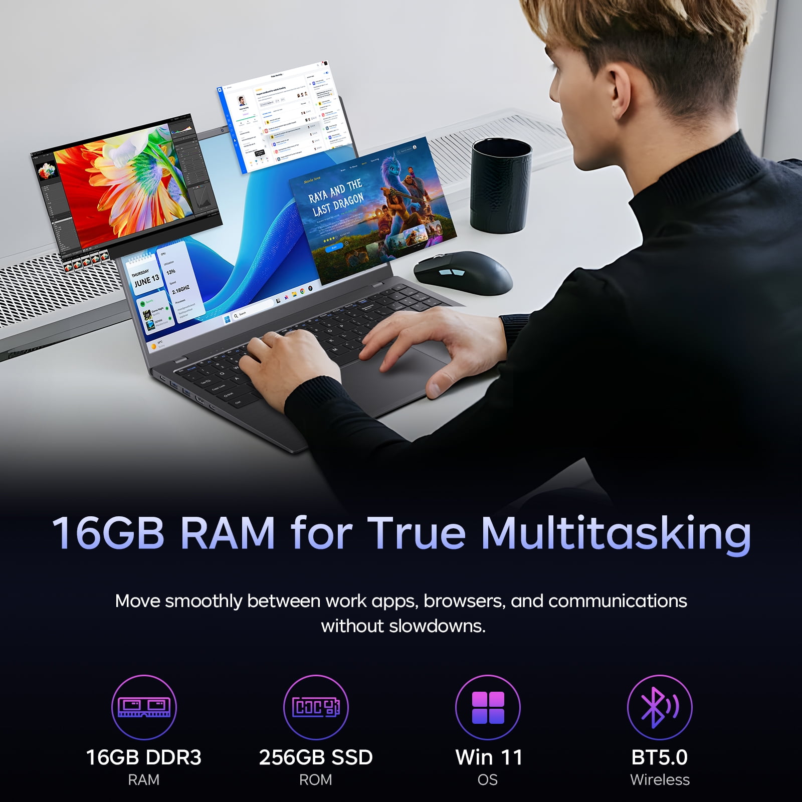 HYYUO 15.6" Laptop Computer, 16GB RAM 256GB SSD, Intel 6500Y with 2 Cores Up to 3.4GHz, FHD Display, Office 2024, Laptop for Business, Student, Office, Dark Gray, Windows 11 Laptop