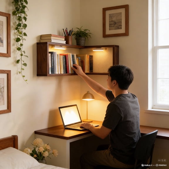 Smart Corner Shelves with Integrated Lighting Wooden Wall Mounted Floating Display Rack for Space Saving Storage and Decoration
