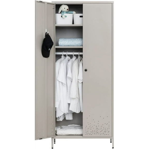 BESFUR Bedroom Armoires, Metal Wardrobe Closet with Hanging Rod, Adjustable Shelves, 20" D x 31.5" W x 74" H - Sea Shell Color