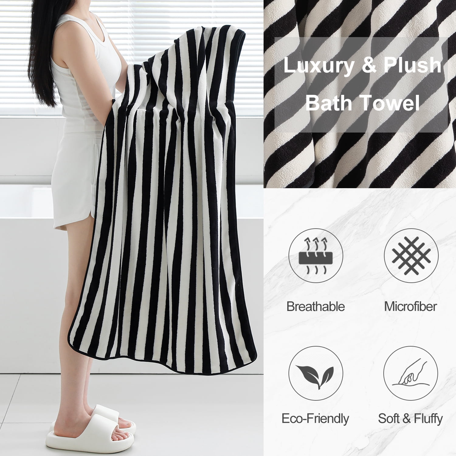 Smuge 12 Pcs Stripe Family Bath Towels Set - 4 Bath Sheet Towels, 4 Hand Towels, 4 Washcloths, Microfiber Soft Shower Towel for Bathroom Gym Spa(Black)