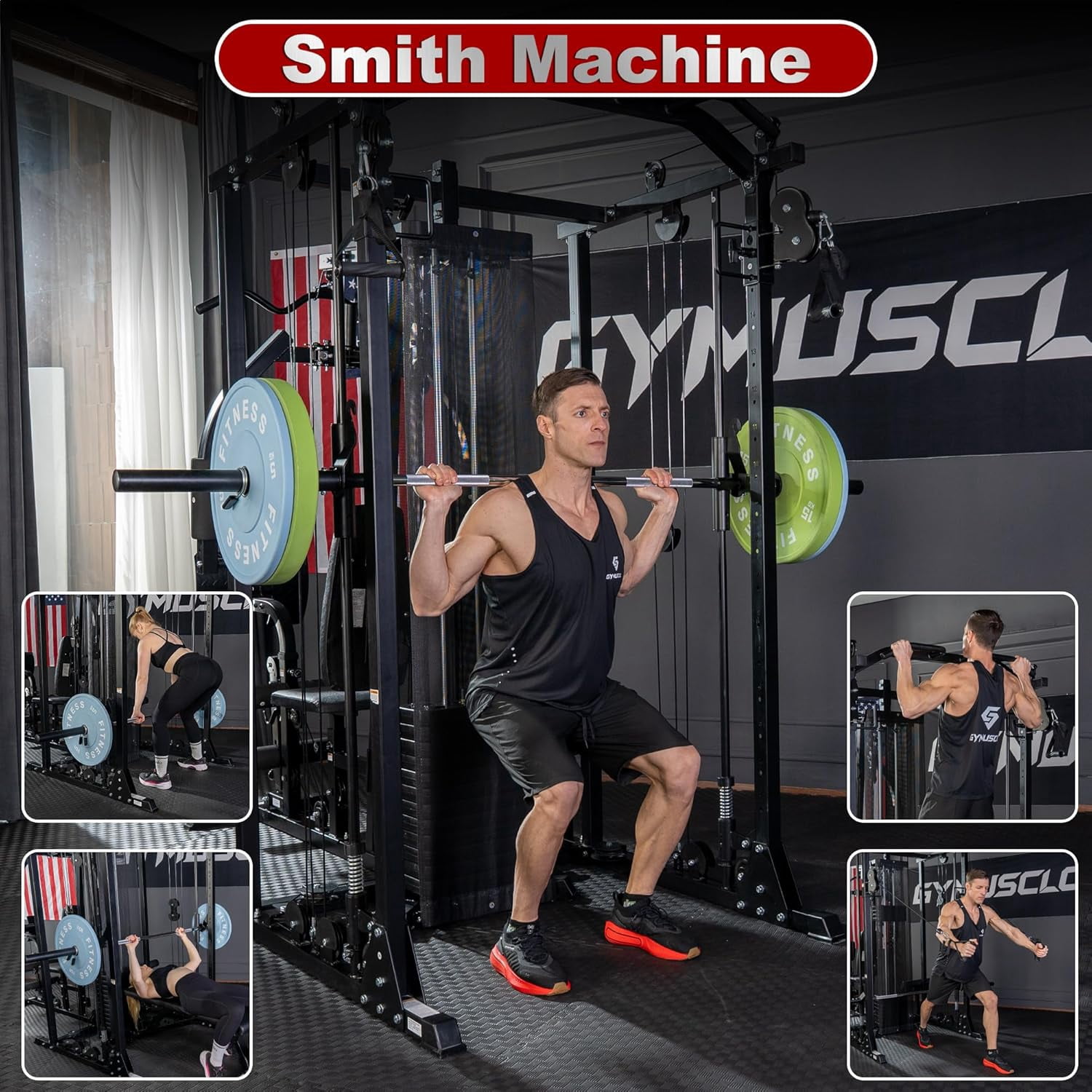 gymusclo Multifunction Home Gym Equipment Workout Station, Smith Machine with 150LBS Weight Stack, Cable Crossover, Leg Press, LAT Station, Heavy Duty Functional Trainer for Full Body Training